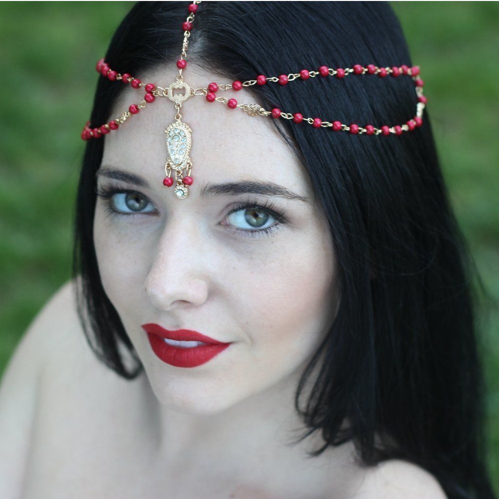 HANDMADE HEADPIECE CROWN RED GOLD CRYSTAL ROSARY - Picture 2 of 2